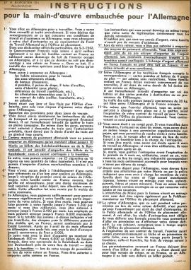 instructions pour la main d'oeuvre ambauchée pour l'Allemagne