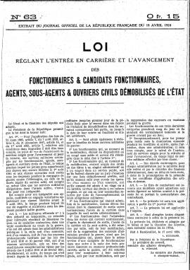 Loi réglant l'entrée en carrière et l'avancement des fonctionnaires et candidats fonctionnaires, agents, sous-agents et ouvriers civils démobilisés de l'Etat