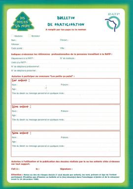 Bulletin de participation au coucours de dessin pour les p'tits artistes de la RATP